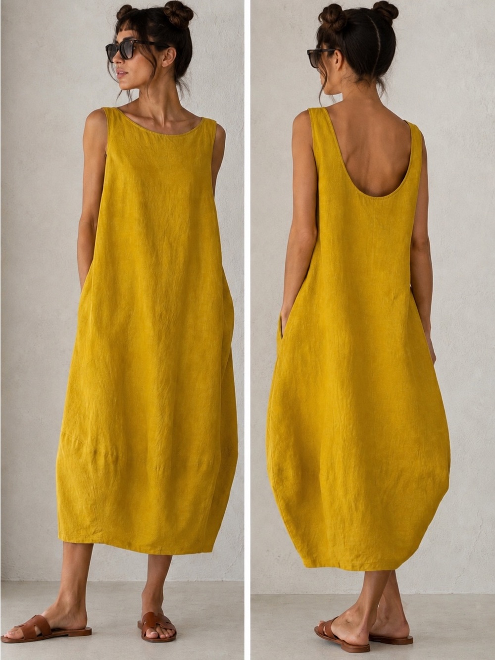 APUNTOB Mustard Yellow Linen Barrel Egg Midi Dress Balloon Cocoon Lagenlook XL